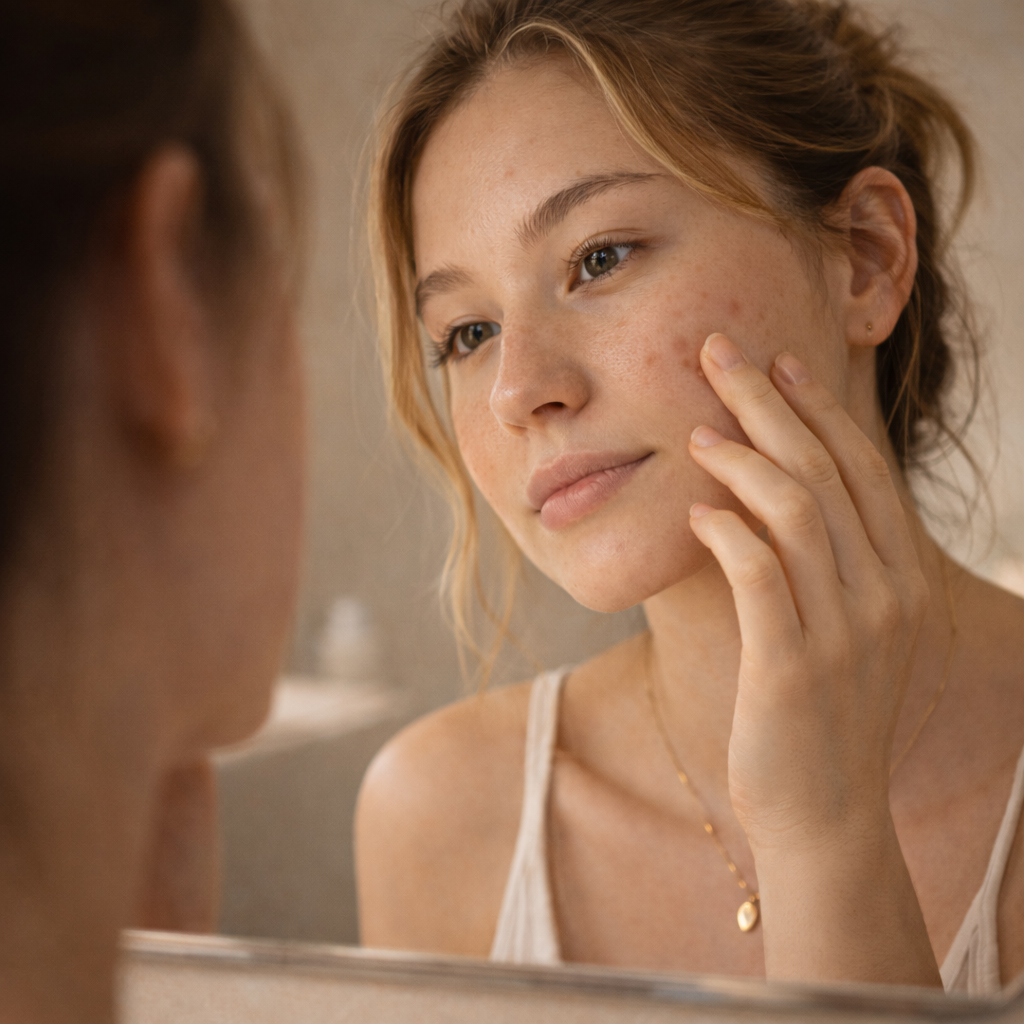 Woman looking in mirror